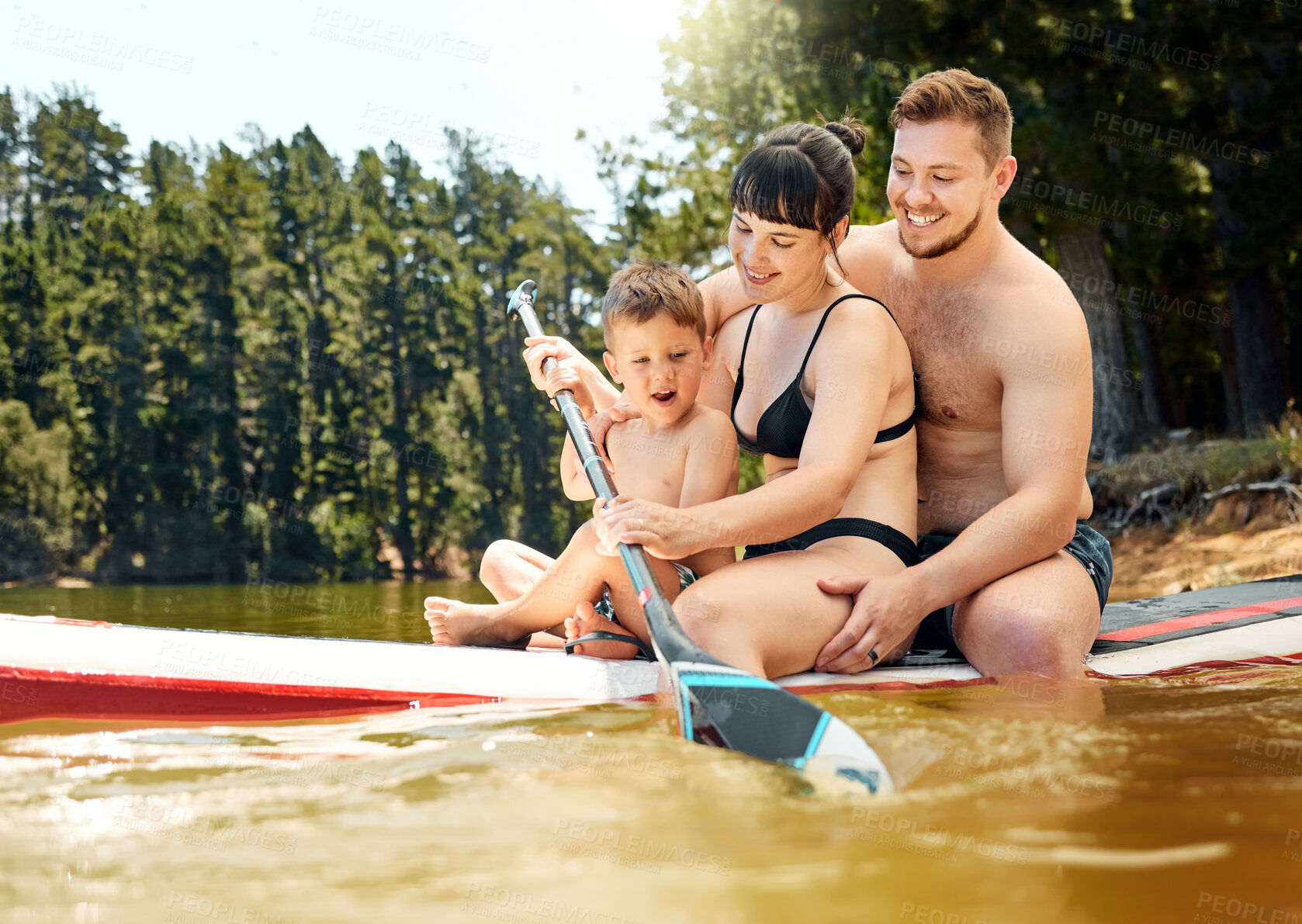 Buy stock photo Happy, family on boat and in lake together with smile for freedom Summer vacation or holiday break, happiness or bonding time and people in a river with outdoor activity for adventure with canoe