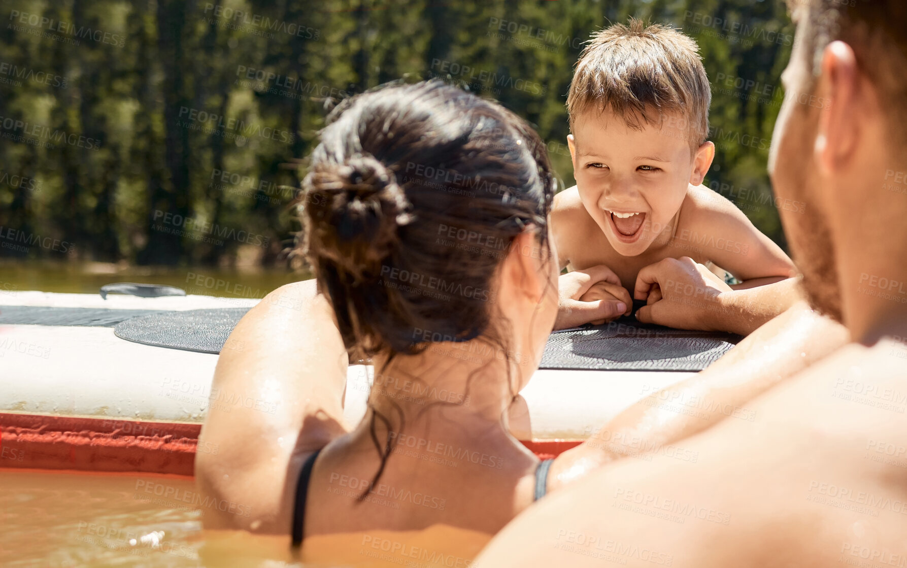 Buy stock photo Happy, family with boat and in lake together with smile for bonding time. Summer vacation or holiday break, happiness or kayak and people in a river with canoe activity for adventure or wellness