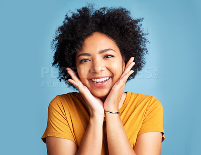 Buy stock photo Closeup, portrait of a woman with smile and against a blue background for health wellness. Positivity or cheerful, satisfaction and face of female person pose for happiness against studio backdrop