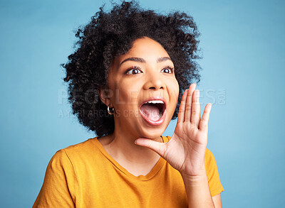 Buy stock photo Announcement, hand and young woman isolated on blue background for scholarship, sale or university broadcast. Shout, voice and opinion of excited or happy african person or student for college news