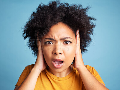 Buy stock photo Surprise, wow and portrait of a woman with anxiety, bipolar or mental health problem. Shock, fear and face of a young girl with scared or panic expression and isolated on a blue background in studio