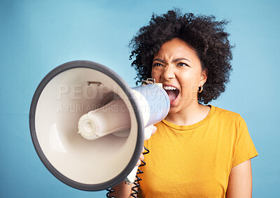 Buy stock photo Megaphone, protest and young woman for human rights, racism and equality, freedom of speech, strong opinion or fight, African person voice, call to action or change and justice on a blue background