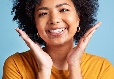 Buy stock photo Happy, portrait of a woman with smile and against a blue background for health wellness. Happiness or satisfaction, cheerful and face of female person pose for positivity against studio backdrop