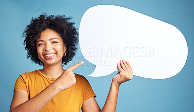 Buy stock photo Speech bubble, communication portrait and woman pointing, social media and college talk, news or voice. Face of student or African person with chat mockup, opinion or quote sign on a blue background