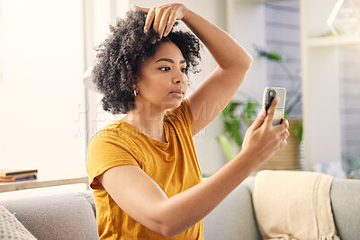Buy stock photo Girl, couch and video call for conversation at apartment for connection with internet in africa. Lounge, tech and selfie with woman with phone or preparation for talking or online with connection.