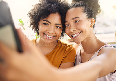 Buy stock photo Friends, happy and selfie of women in home for memory, social media post and profile picture. Girls, photography and African people bonding, enjoy quality time together and smile for influencer blog.