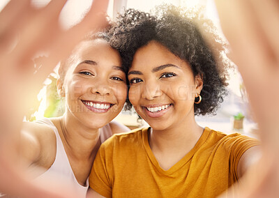 Buy stock photo Friends, happy and face selfie of women in home for memory, social media and profile picture. Girls, photography and portrait of African people bonding, blog together and smile of influencer in house