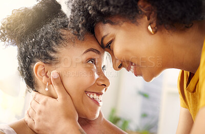 Buy stock photo Forehead, lesbian and women with love, home and smile with bonding, loving together and romance. Queer, female people and girls with hug, romantic and LGBTQ with homosexual relationship and support