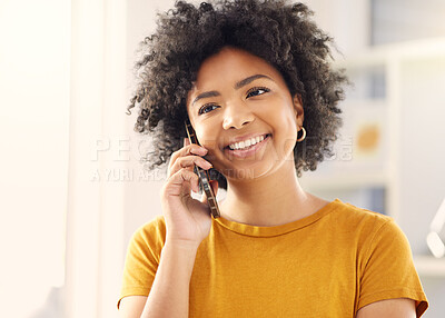 Buy stock photo Happy woman, phone call and talking in home, conversation or chat with contact. Mobile, communication and smile of African person in discussion, listening to news or speaking for networking in house.