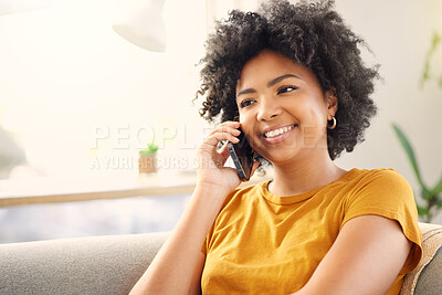 Buy stock photo Phone call, happy woman and talking on sofa in home, conversation or chat with contact. Mobile, communication and smile of African person in discussion, listening or speaking in house living room.