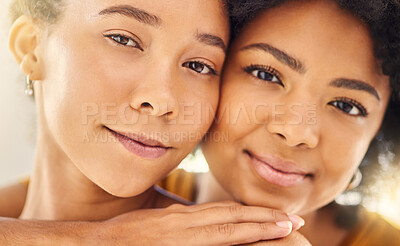 Buy stock photo Love, portrait of lesbian couple and happy for positive connection or trust. Care or support, pride friendship or happiness and closeup face of cheerful women together for lgbtq or bonding time