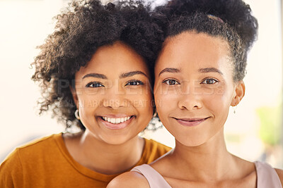 Buy stock photo Support, portrait of female friends and happy together for positive connection or trust. Care or love, bonding time or happiness and face of cheerful women smiling for sisterhood or friendship 