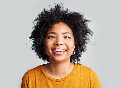 Buy stock photo Smile, woman and portrait in studio, white background and confident on backdrop. Face of happy young female model laughing with curly afro hair, positive personality and gen z style from South Africa