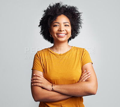 Buy stock photo Happy, woman and arms crossed for portrait in studio, white background and backdrop. Young female model, smile and natural curly afro hair with positive personality, gen z and girl of South Africa 
