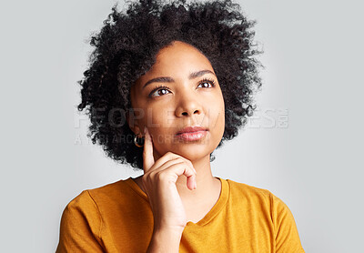 Buy stock photo Face, serious woman and thinking of ideas in studio, white background or questions to remember. Focused female model think of solution, decision and future choice, daydream emoji or visionary mindset