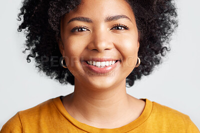 Buy stock photo Happy, woman and portrait of face in studio, white background and backdrop. Confident young african female model smile for natural curly afro hair, positive personality and gen z girl of South Africa