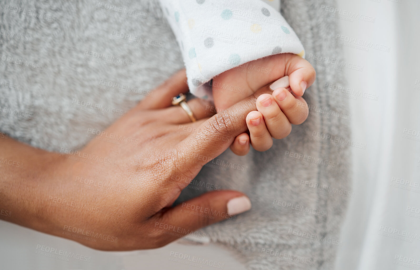 Buy stock photo Holding hands, zoom and love with mother, baby and support for growth, development and motor skills. Female person, child and care in home or living room with together, bonding and comfort as family