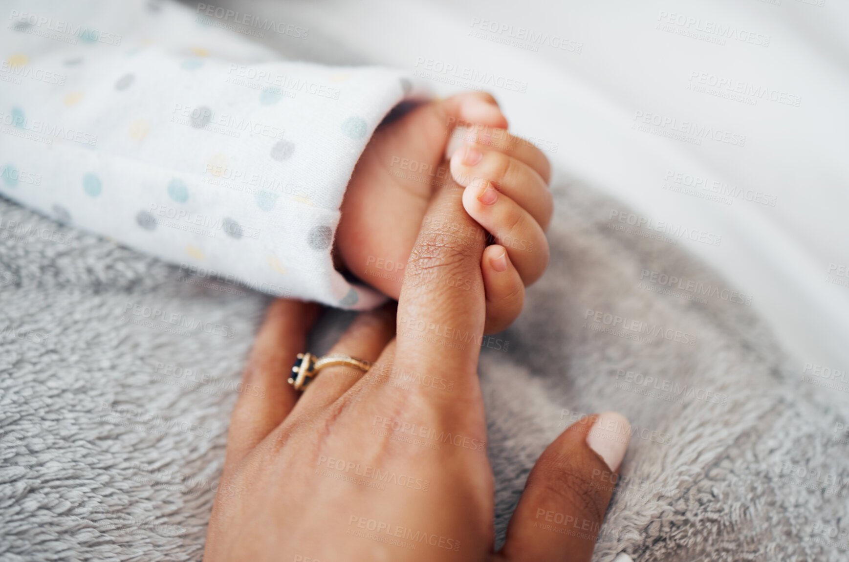 Buy stock photo Holding hands, zoom and care with mother, baby and support for growth, development and motor skills. Female person, child and love in home or living room with together, bonding and comfort as family