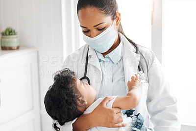 Buy stock photo Woman, doctor and baby in hospital, clinic or office for health, immunization and wellness. Female person, pediatrician and professional for child medical services, advice and support with face mask