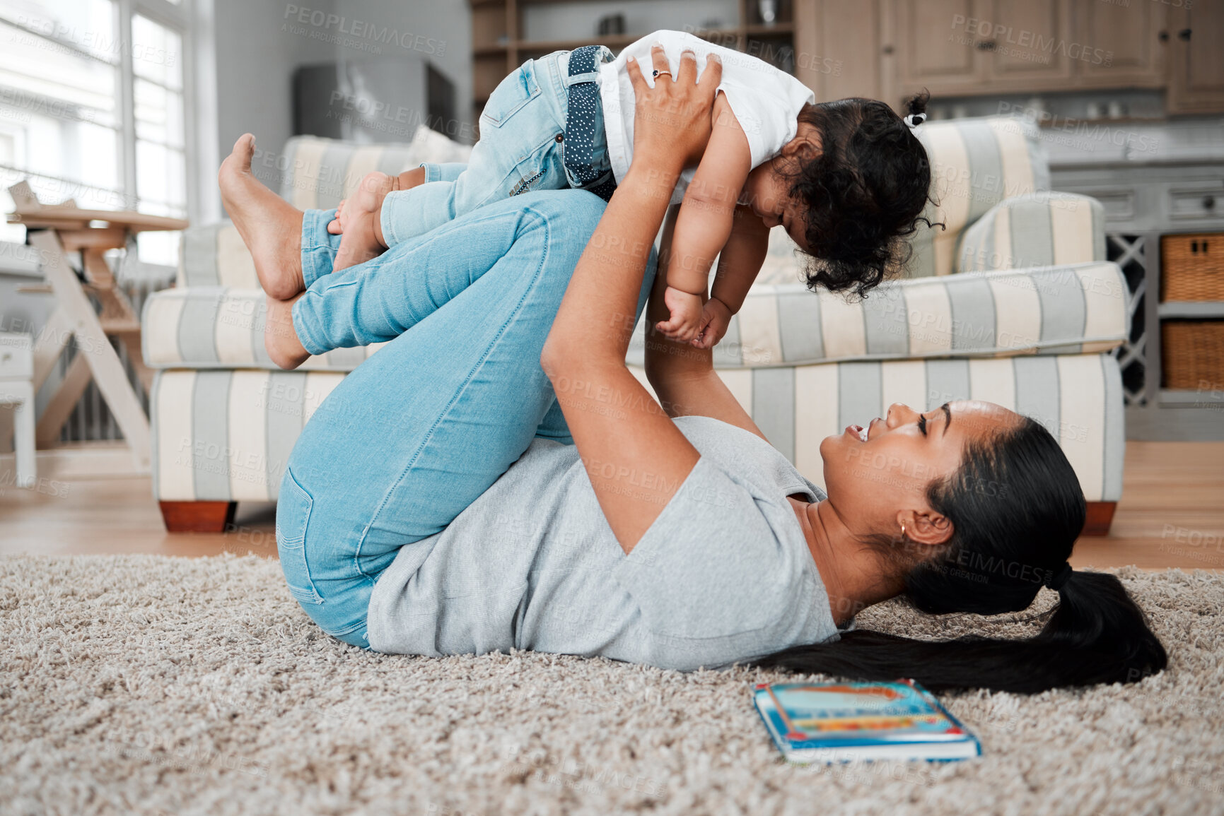 Buy stock photo Playing, mother or baby on carpet to relax for child development, support or care in family home. Daughter, toddler or kids on ground with parent, woman or mom for bonding, lifting or love in house