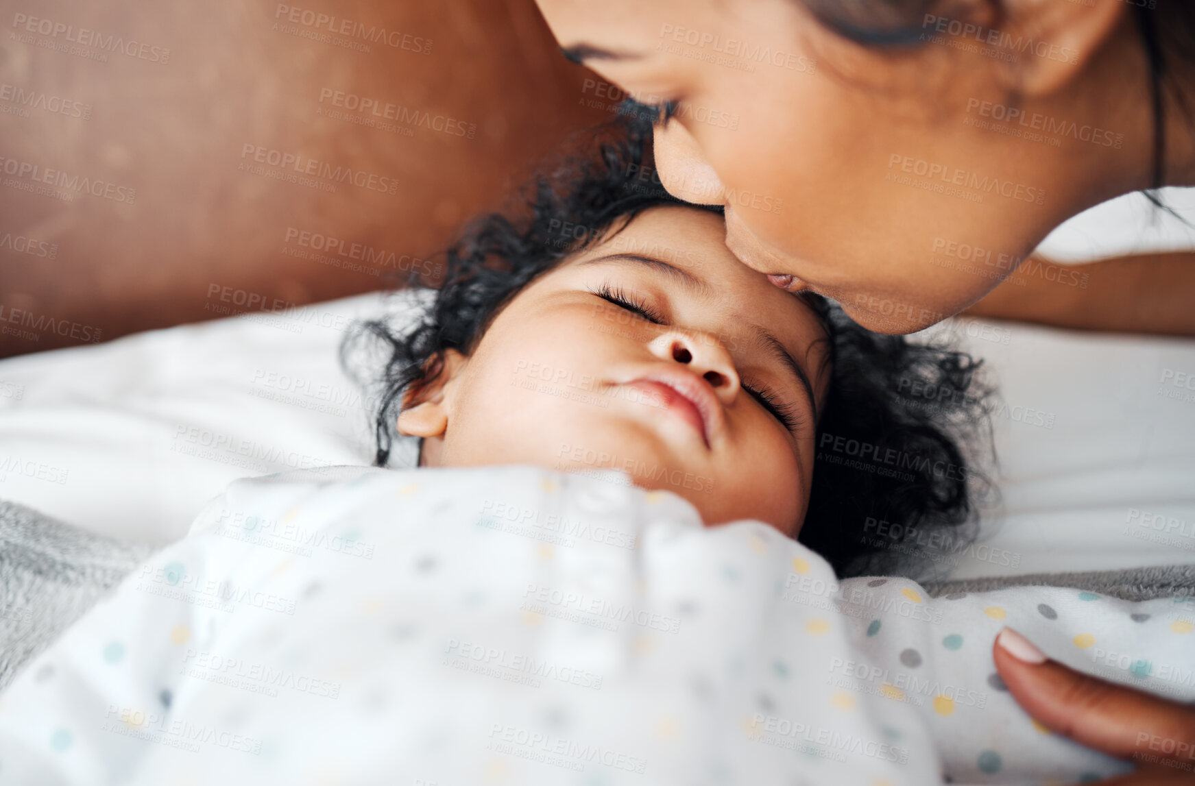 Buy stock photo Sleeping baby, woman and kiss on bed for love, bonding and protection in home. Mother, infant child and resting in bedroom with affection, relationship development and security with family growth