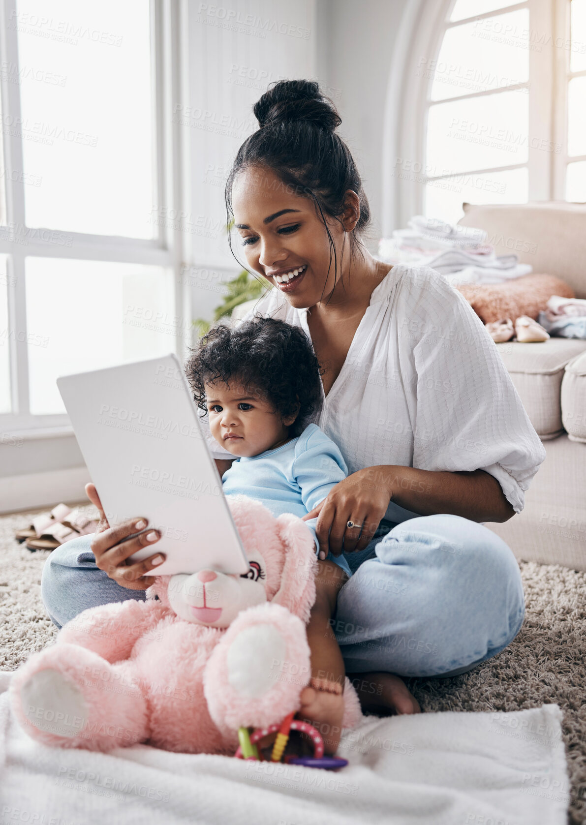 Buy stock photo Happy, tablet or mom with baby in bed for streaming movies, video or learning together in family home. Relax, parent and girl child with mother on touchscreen technology for playing games or ebook