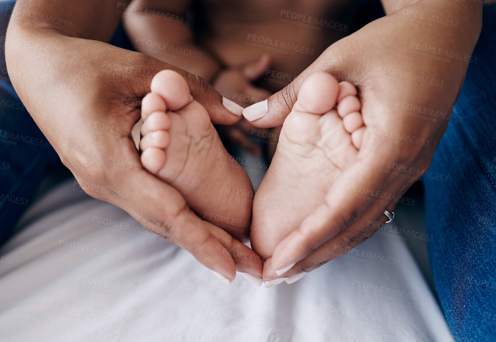 Buy stock photo Feet, mom or baby in home with heart hands for child development, support or care. Family house, touching or closeup of barefoot newborn with parent, mother or woman for bonding, wellness or love