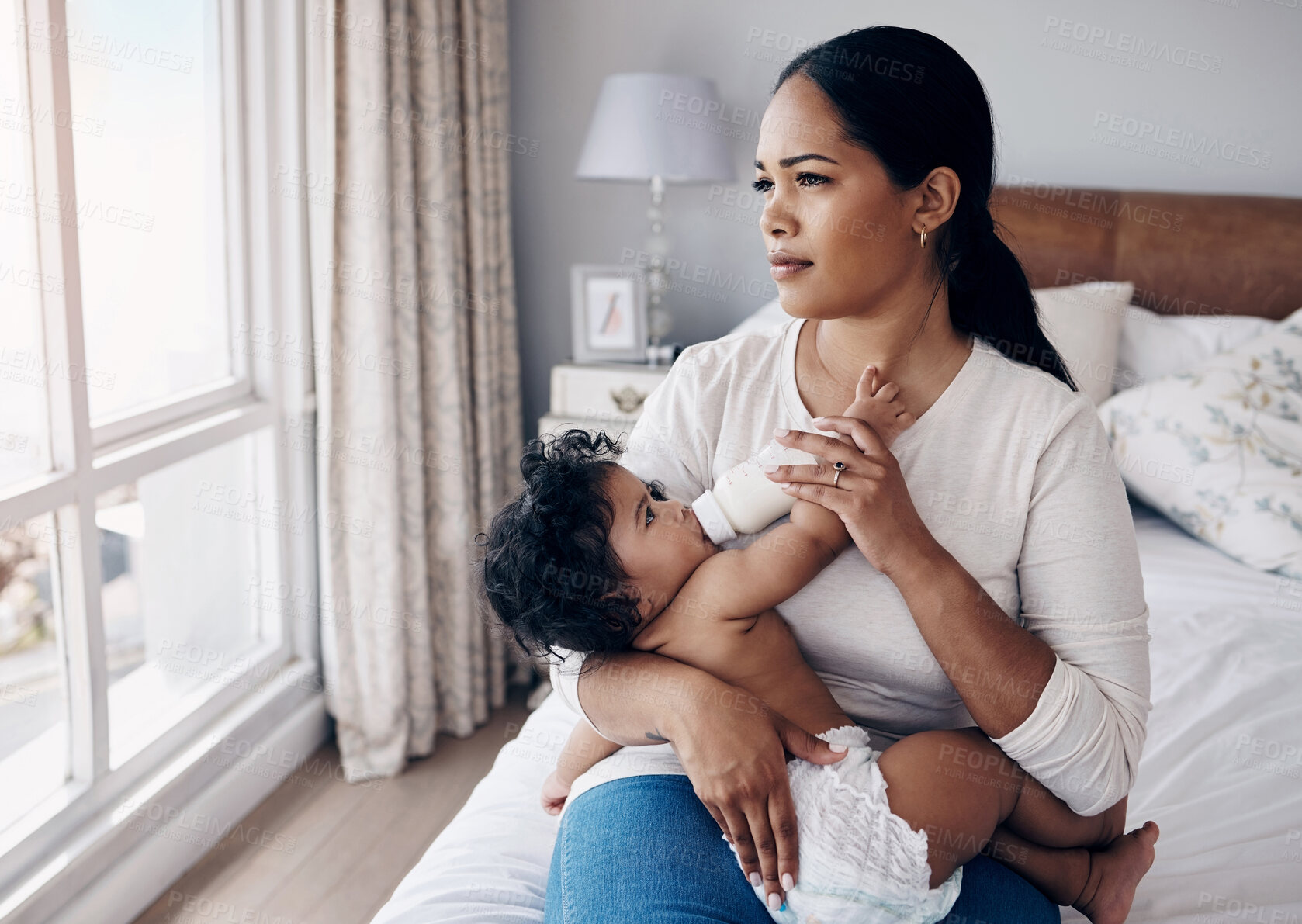 Buy stock photo Woman, baby and bottle of milk for feeding, nutrition and bone development for infant at home. Bedroom, hungry girl and mom with thinking for motherhood, child care and formula for digestive health