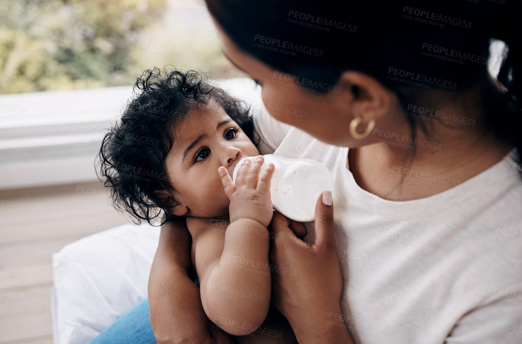 Buy stock photo Mama, baby and bottle of milk for feeding, nutrition and bone development for infant at home. Bedroom, woman and hungry girl with formula to drink, digestive health and mother for child care in house