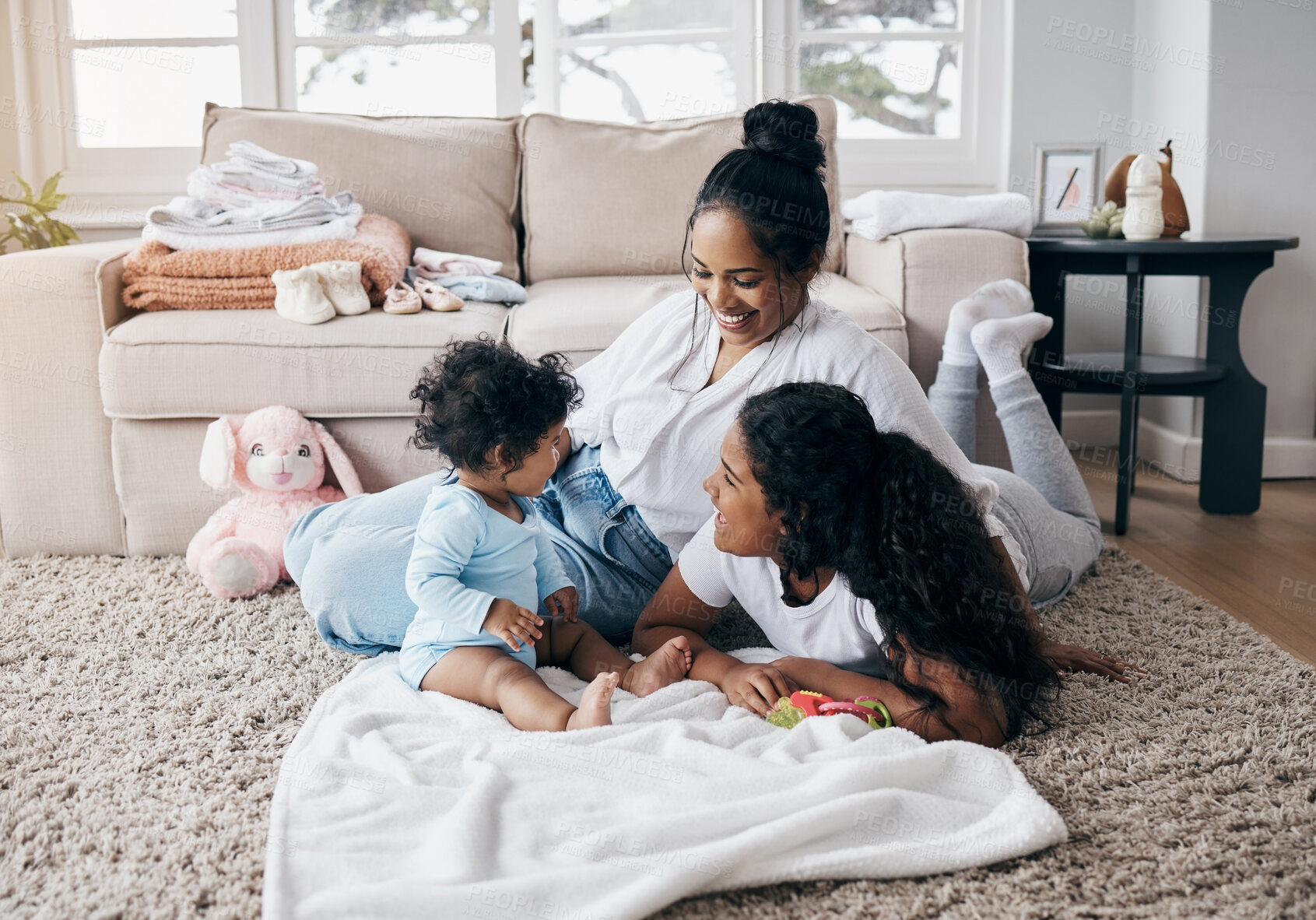 Buy stock photo Happy kids, mother or baby in lounge playing for child development, support or care in family home. Siblings, fun games or healthy toddler in with smile, parent or mom for bonding, wellness or love