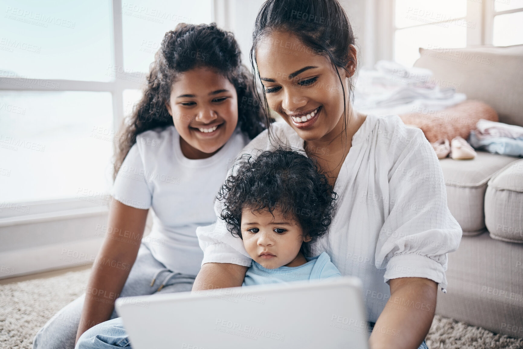 Buy stock photo Mother, daughter and baby with tablet on floor in living room of home together for growth. Development, education and learning online with internet streaming for gaming, subscription or video