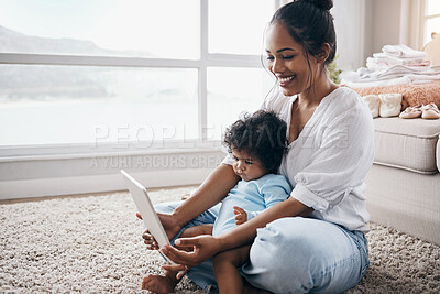 Buy stock photo Smile, tablet or mom with baby in lounge for streaming movies, video or learning together in family home. Happy, parent and girl child with mother on touchscreen technology for playing games or ebook