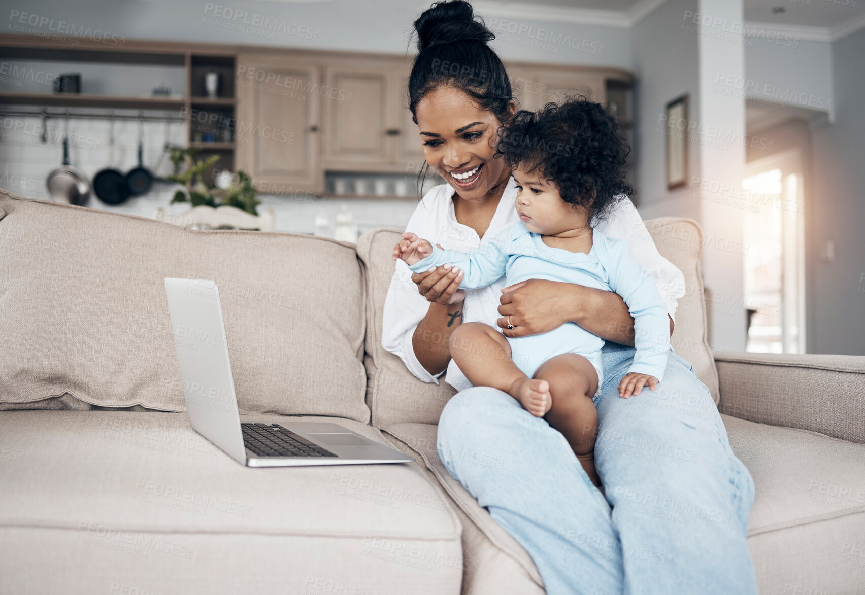 Buy stock photo Woman, baby waving and laptop in home, video call and online for family communication in lounge. Mother, infant greeting and virtual conference for conversation, chat and wireless interaction on app