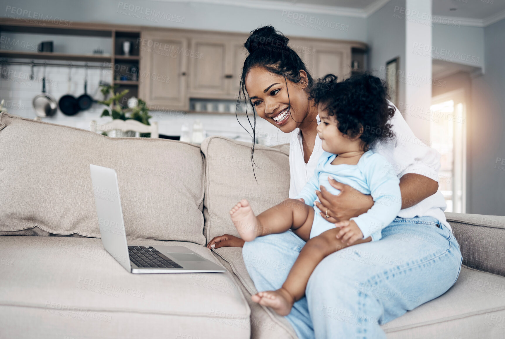 Buy stock photo Video call, mother and children with laptop on sofa for communication, conversation and online entertainment. Woman, infant and smile with technology in home for bonding, friendly chat and connection