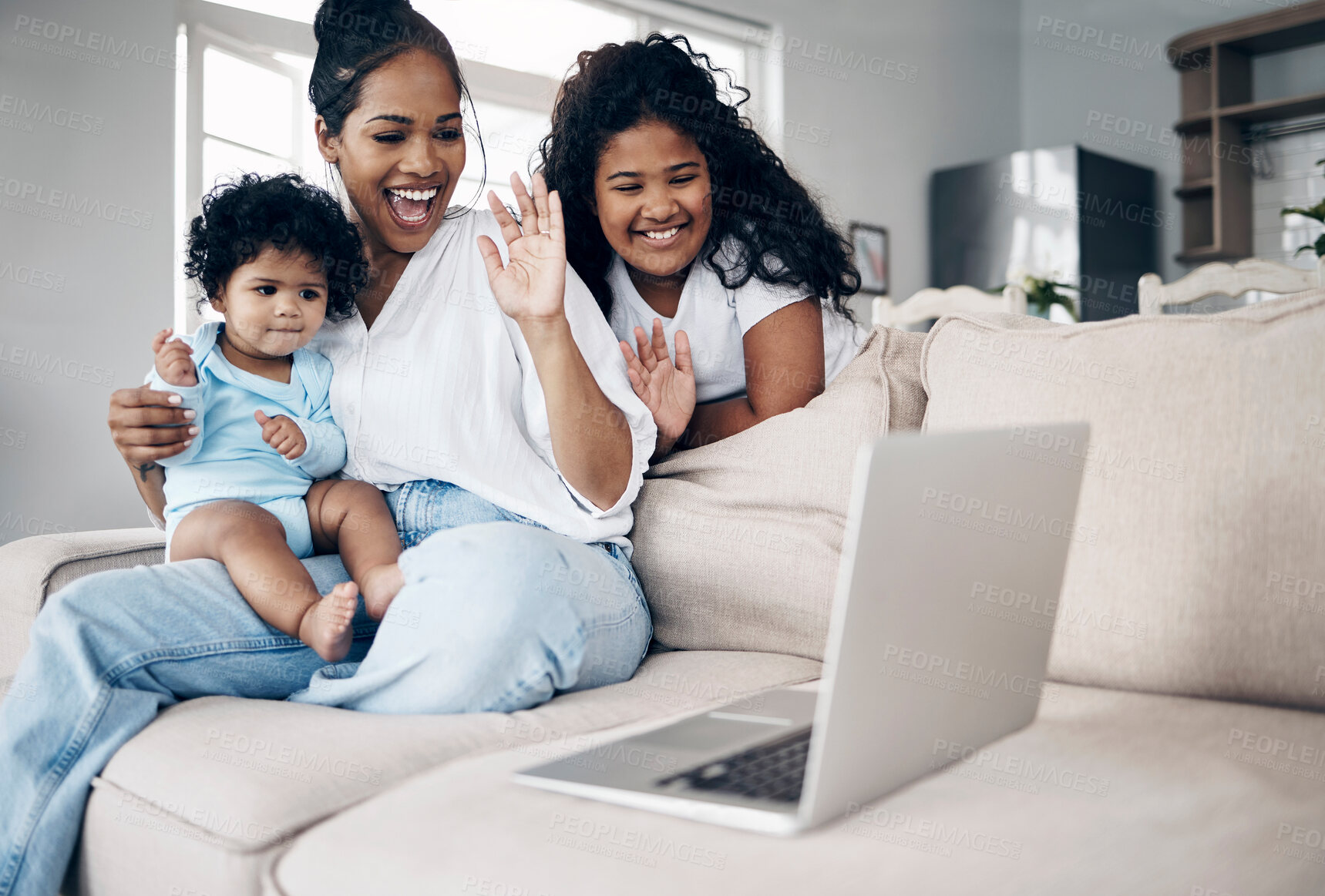 Buy stock photo Mom, children waving and laptop in home, video call and online for family communication in lounge. Mother kids greeting and virtual conference for conversation, chat and wireless interaction on app