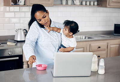 Buy stock photo Phone call, baby and multitasking mother in home with breakfast porridge, responsibility and child development. Woman, kid or remote work with food for nutrition, routine and communication in kitchen