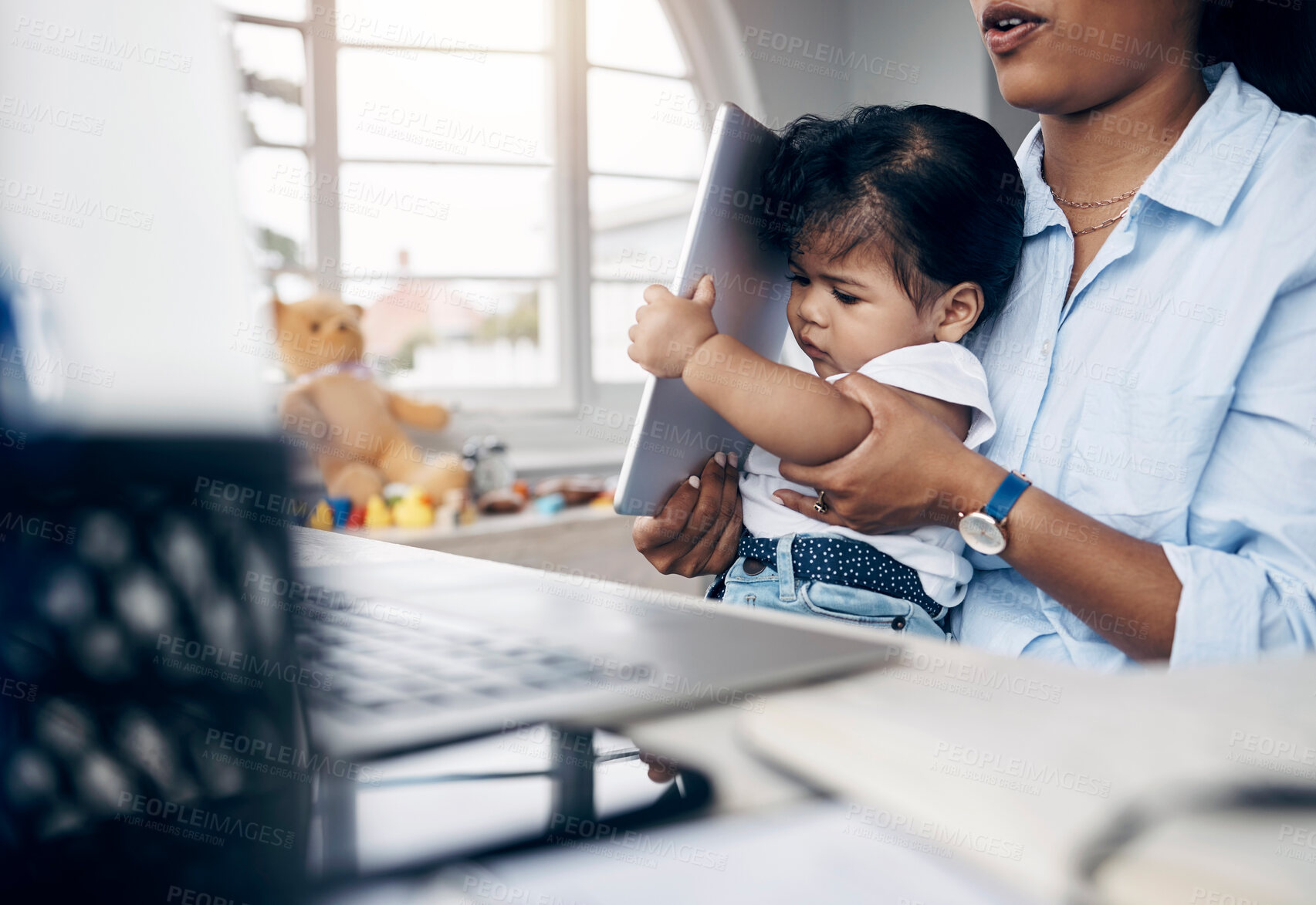 Buy stock photo Mother, baby and multitasking with laptop for remote work, freelance and life balance in home. Brand consultant, child care and juggling task with time management, responsibility and tablet for app