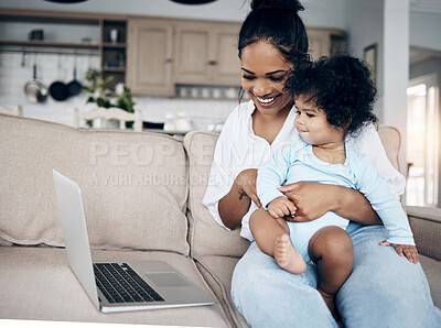 Buy stock photo Mother, infant and laptop for movies in home, streaming cartoon and watching comedy in lounge. Mama, baby care and wireless network for funny animation on weekend, daughter and laughing together