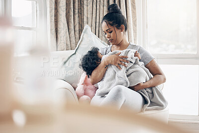 Buy stock photo Mother, sleeping baby and tired comfort in home, protect child and security for dream in nursery. Mom, exhausted infant and morning nap for growth development, bonding and support daughter on chair