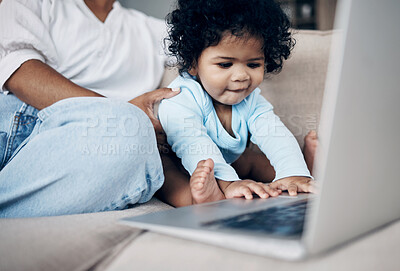 Buy stock photo Woman, love and baby with laptop in home, typing and online search for streaming entertainment. Mother, infant sensory and relax on couch for cartoon movies, bonding together and internet for film