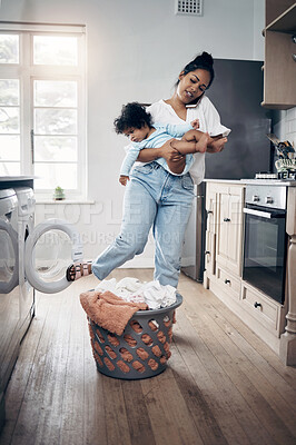 Buy stock photo Woman, kid and phone call with laundry in home, household tasks and remote communication for work. Family, mother and care for child with online conversation, love and multitasking with washing