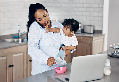 Buy stock photo Phone call, child and multitasking mother in kitchen with breakfast porridge, responsibility and accountability. Woman, baby and remote work with food for nutrition, routine and communication in home