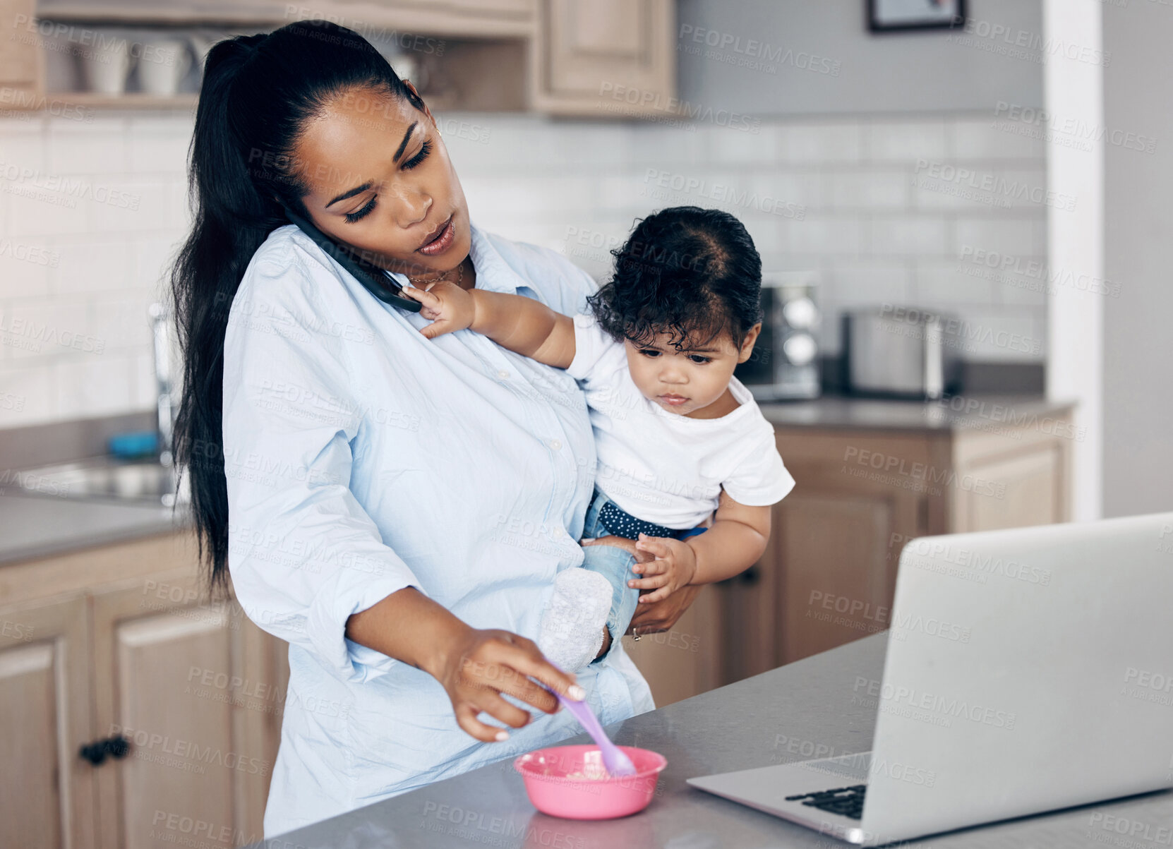 Buy stock photo Remote work, baby and mother with phone call in home for communication, breakfast porridge and responsibility. Woman, child and multitasking with food for nutrition, routine and talking in kitchen