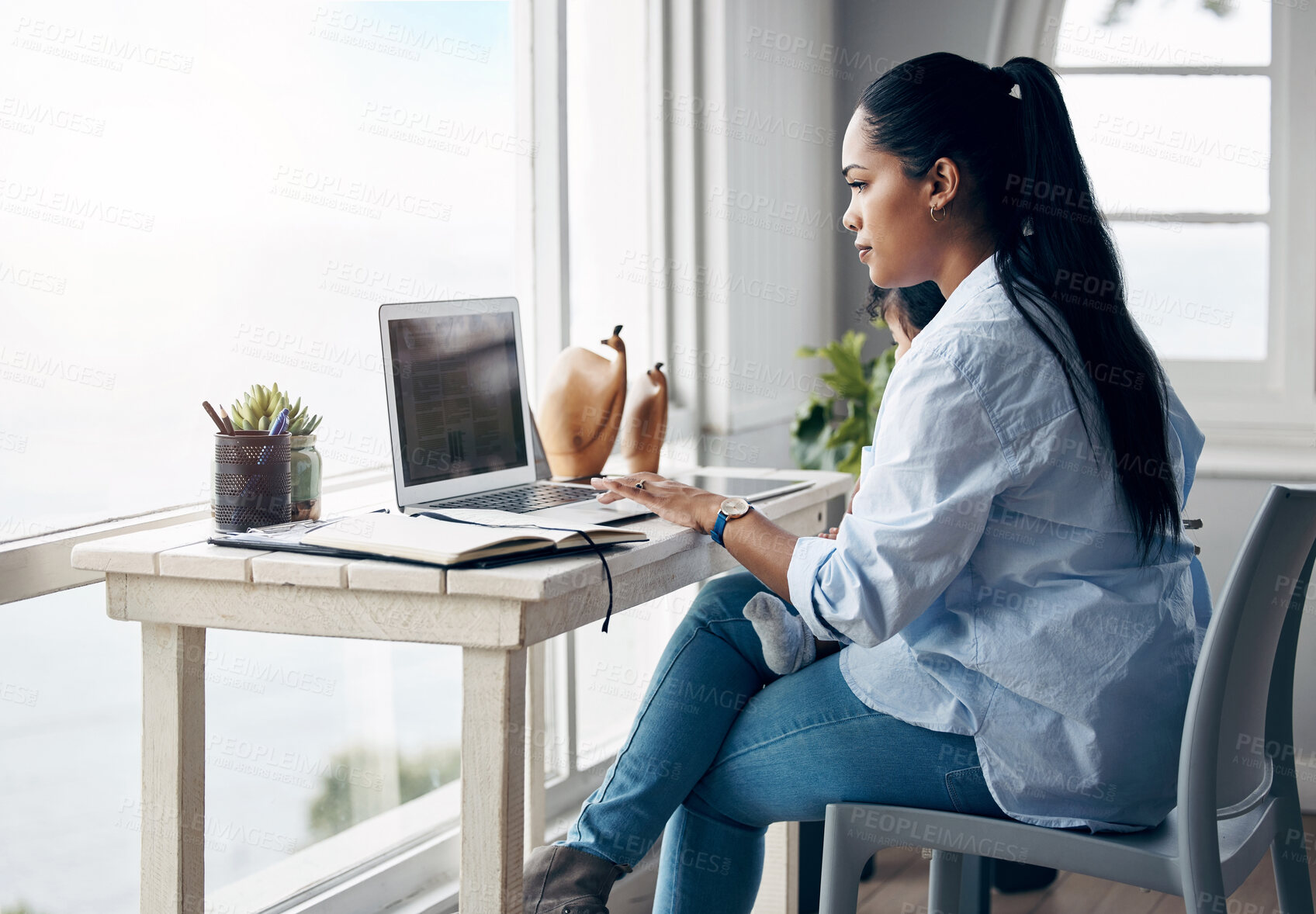 Buy stock photo Woman, baby and multitasking with laptop for remote work, freelance and life balance in home. Brand consultant, child care and juggling task with time management, responsibility or mother routine