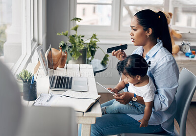 Buy stock photo Remote work, child and woman with laptop for phone call, article questions and voice note for publication. Freelancer, girl or mother as journalist for multitasking, mobile speaker or tablet for baby