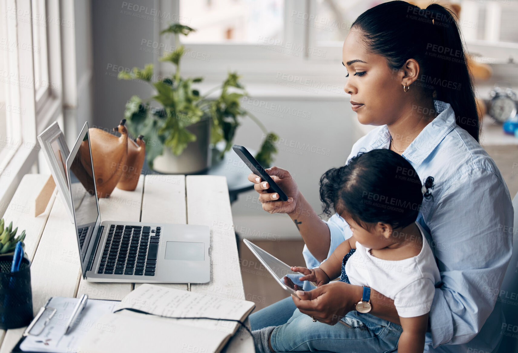 Buy stock photo Mother, child and multitasking with phone for remote work, freelance notes and life balance in home. Brand consultant, baby care or juggling task for time management, responsibility and tablet app