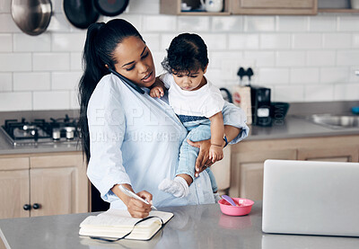 Buy stock photo Mother, child and multitasking phone call with notebook for remote work, freelance notes and life balance in kitchen. Brand consultant, home baby care or juggling task for time management or feeding