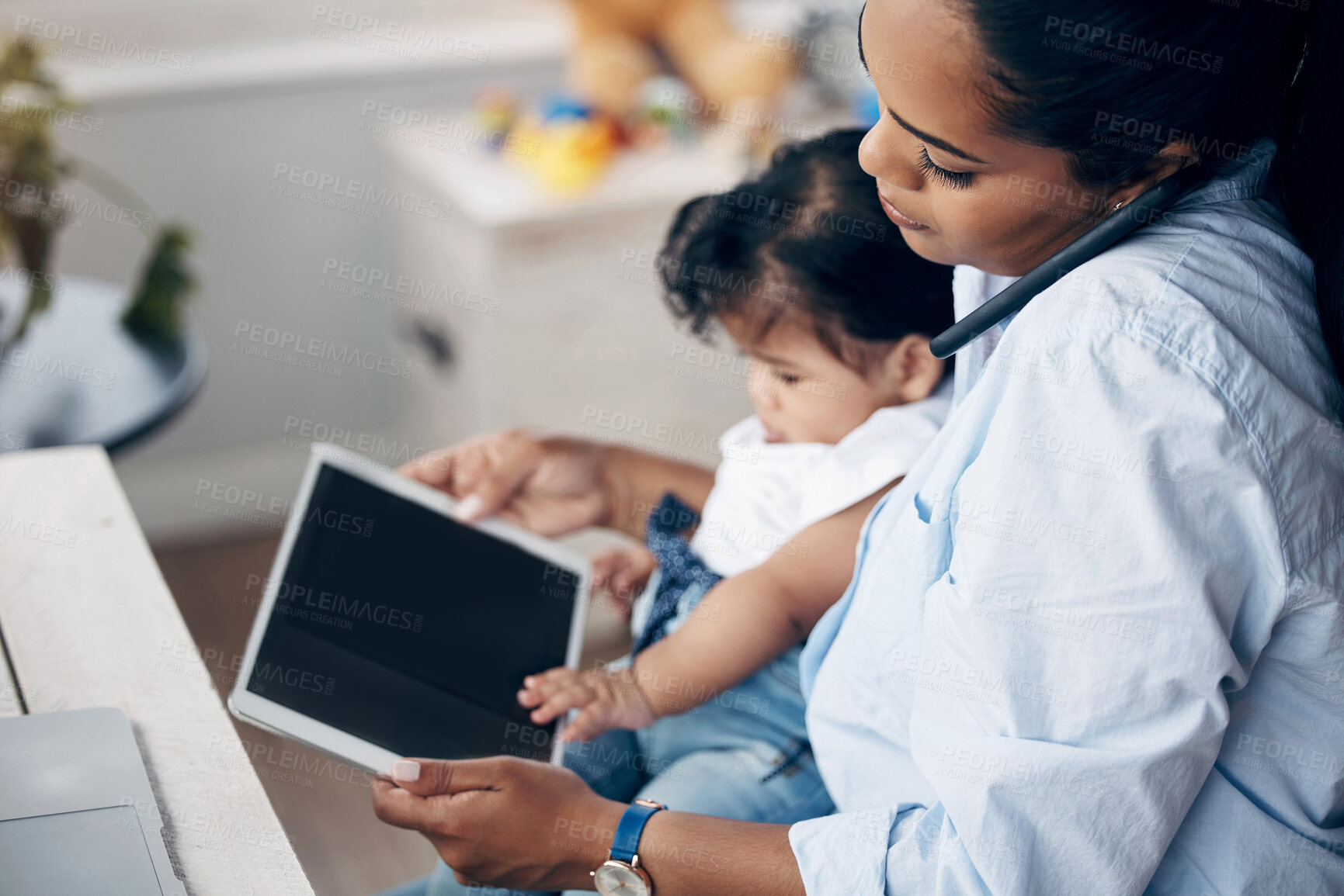 Buy stock photo Tablet, baby and mom multitasking with phone call for remote work, freelance or work life balance in home. Entrepreneur, screen or juggling child care task for responsibility, discussion or research