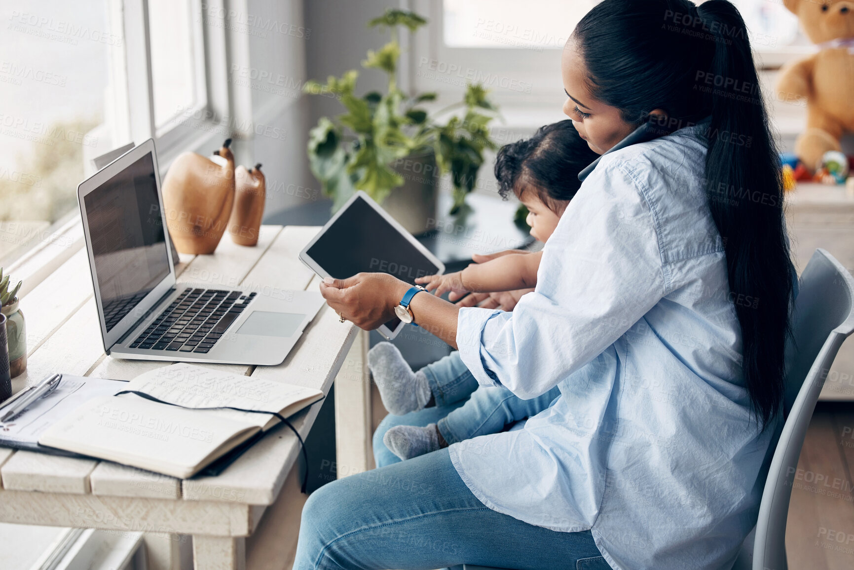 Buy stock photo Mother, child and multitasking with phone call for remote work, freelance talk or life balance in home. Brand consultant, baby care or juggling task for time management, responsibility and tablet app