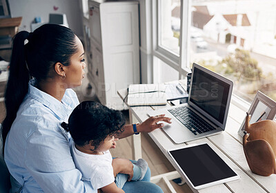 Buy stock photo Freelancer, child and woman with screen for laptop, online article and proofreading for publication. Remote work, baby and mother as journalist for multitasking, news editing and browsing by above